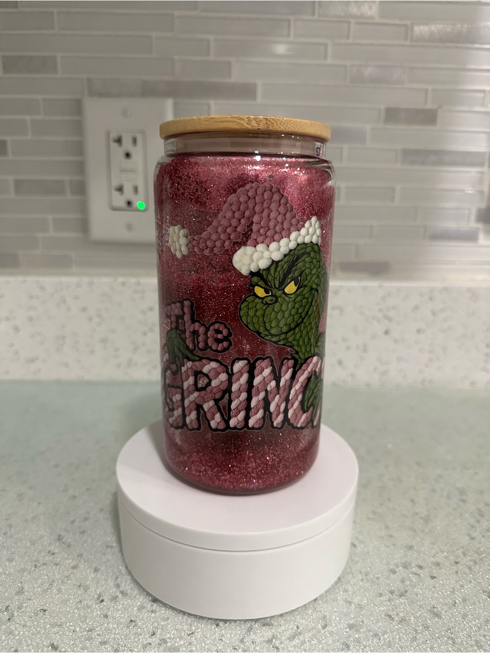 The Grinch Glitter Holiday Glass Cup- Pink